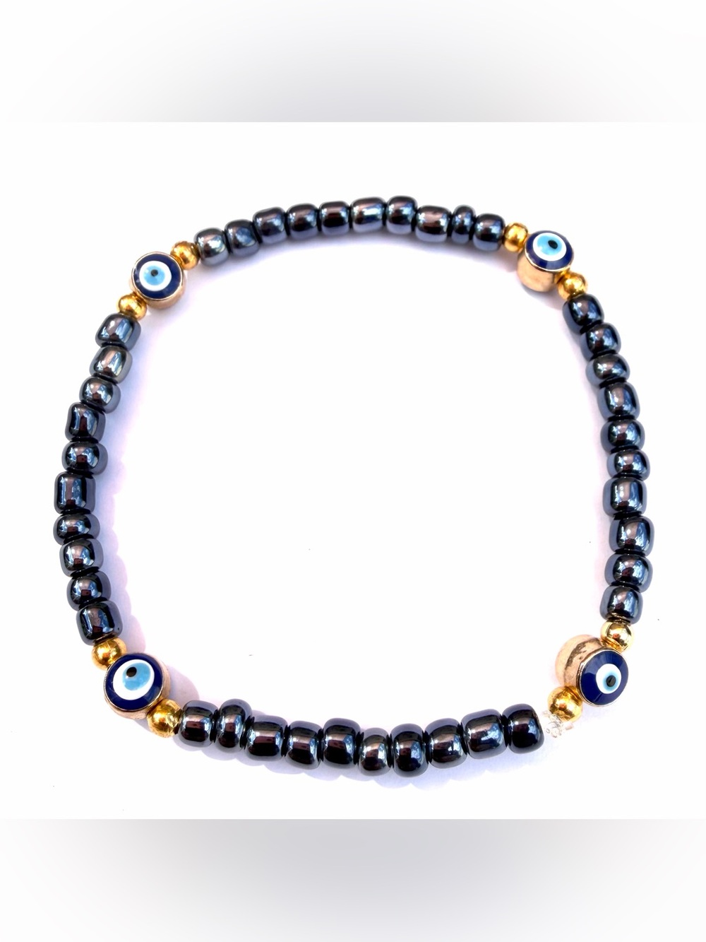 Gold Evil Eye Good Luck Charm Gray Seed Beaded Bracelet